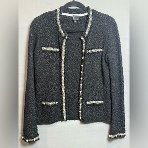 Love Token Black‎ Tweed Pearl Trim Sweater Jacket, Wool Blend, XS